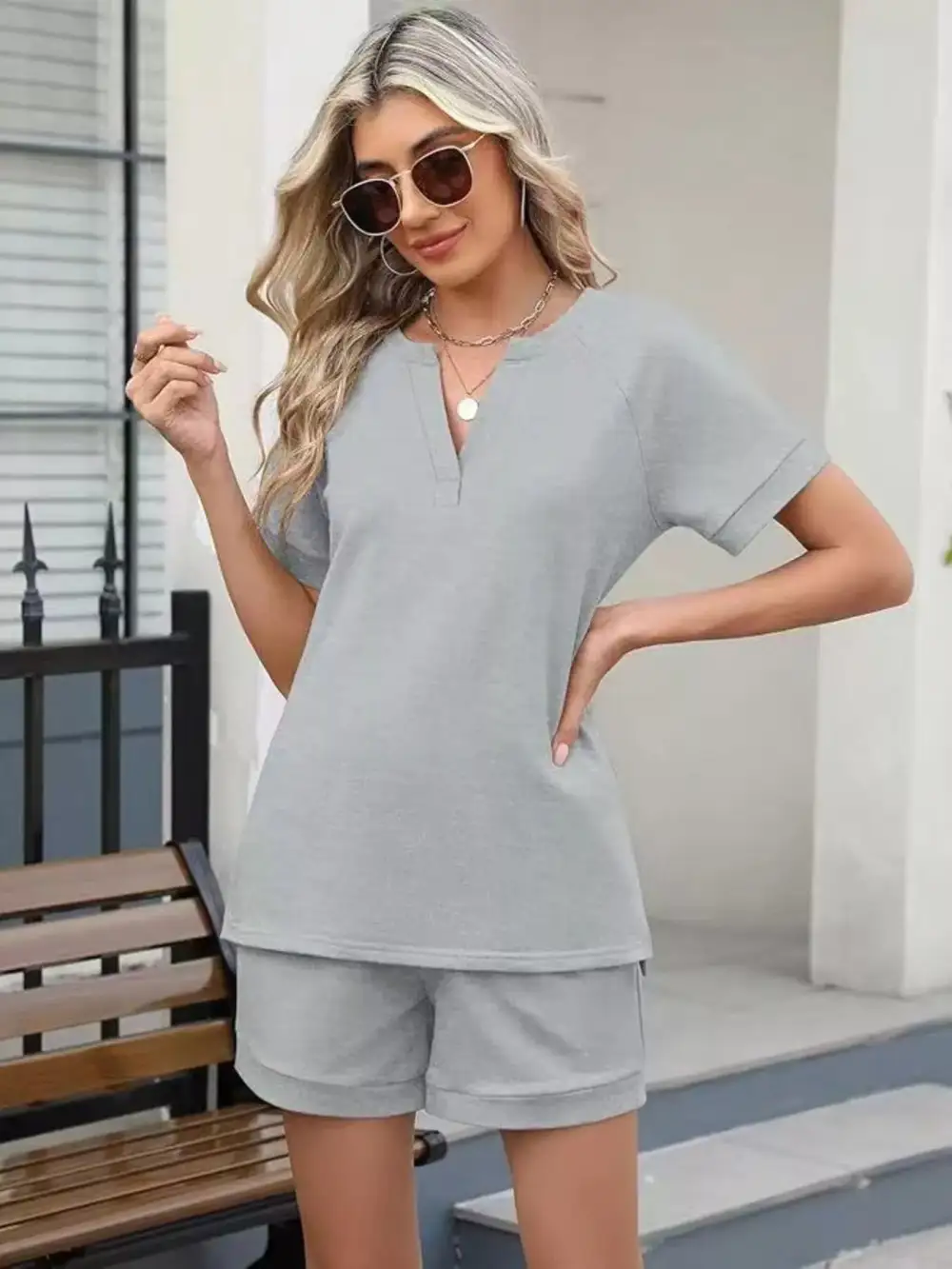 Short Sleeve Top Shorts Two Piece Set