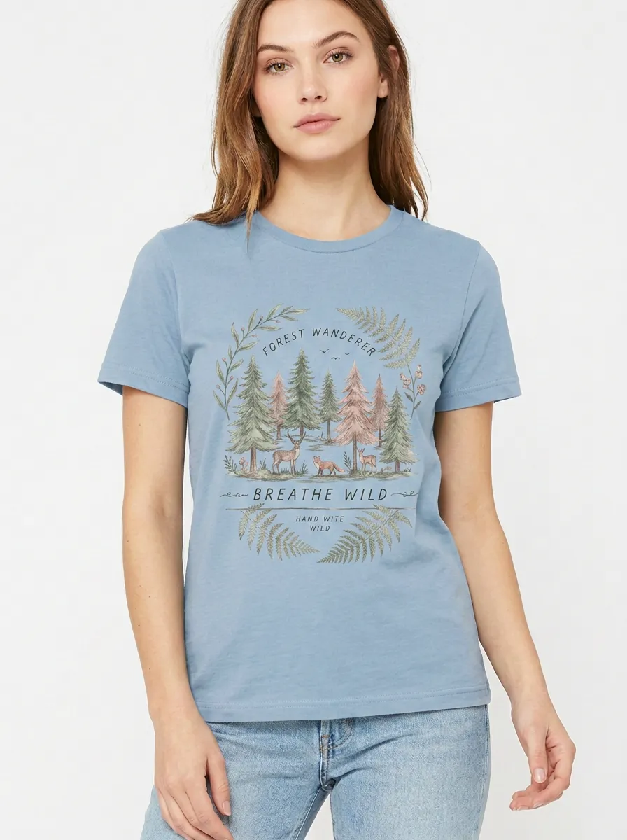 Women's Forest Wanderer Nature Deer Fox Printed T-shirt