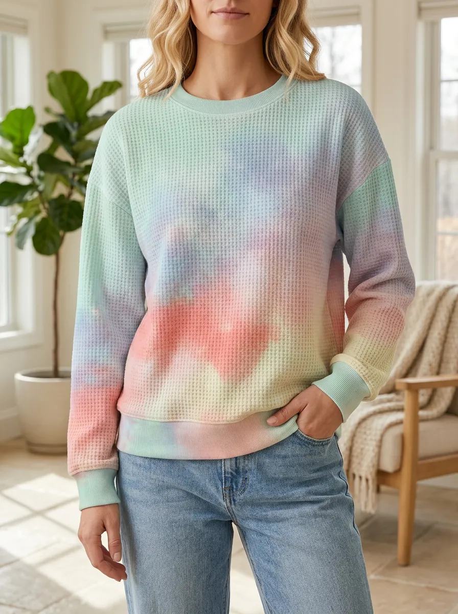Women's Pastel Tie Dye Everyday Waffle Knit Crewneck Sweatshirt