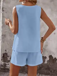 Round-Neck Button-Detail Cotton Shorts Matching Set