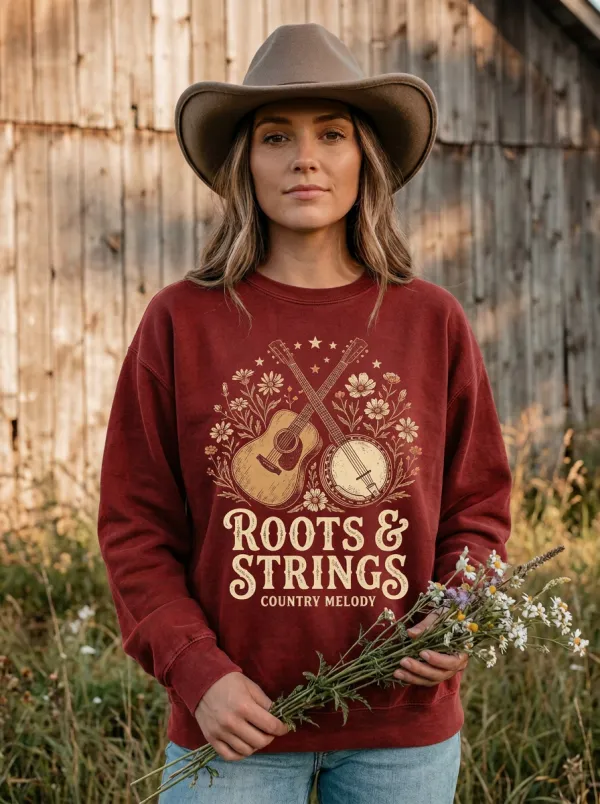 Country Music Guitar Banjo Floral Crew Neck Sweatshirt