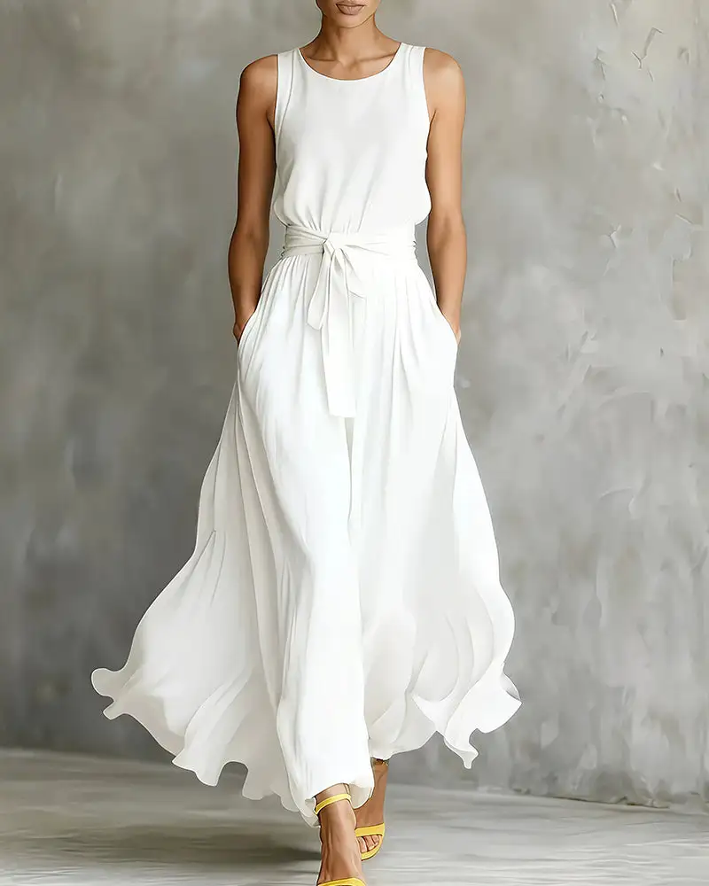 Sleeveless Tie-Waist Flowy Maxi Dress