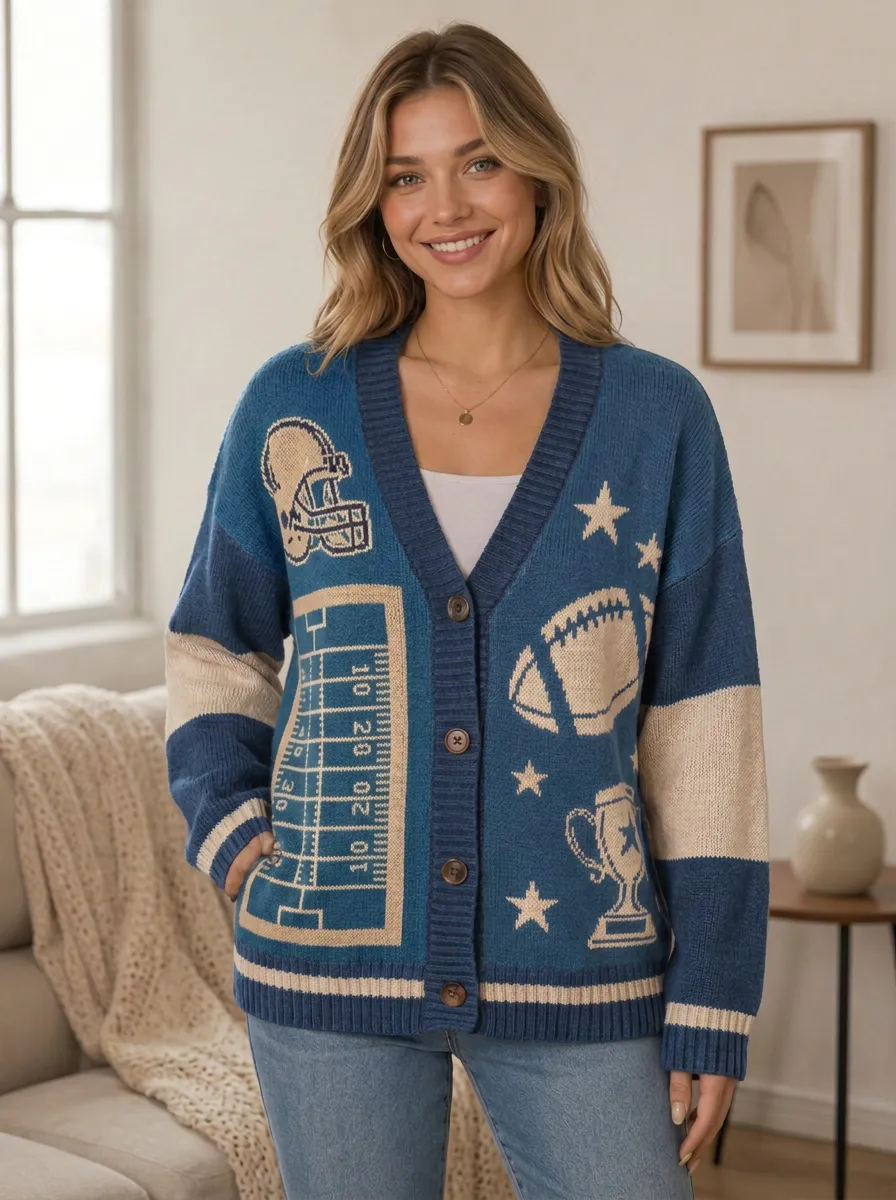 Women's Football Fan Helmet Field Trophy Pattern Knitted Cardigan