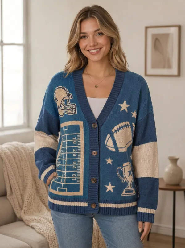 Women's Football Fan Helmet Field Trophy Pattern Knitted Cardigan