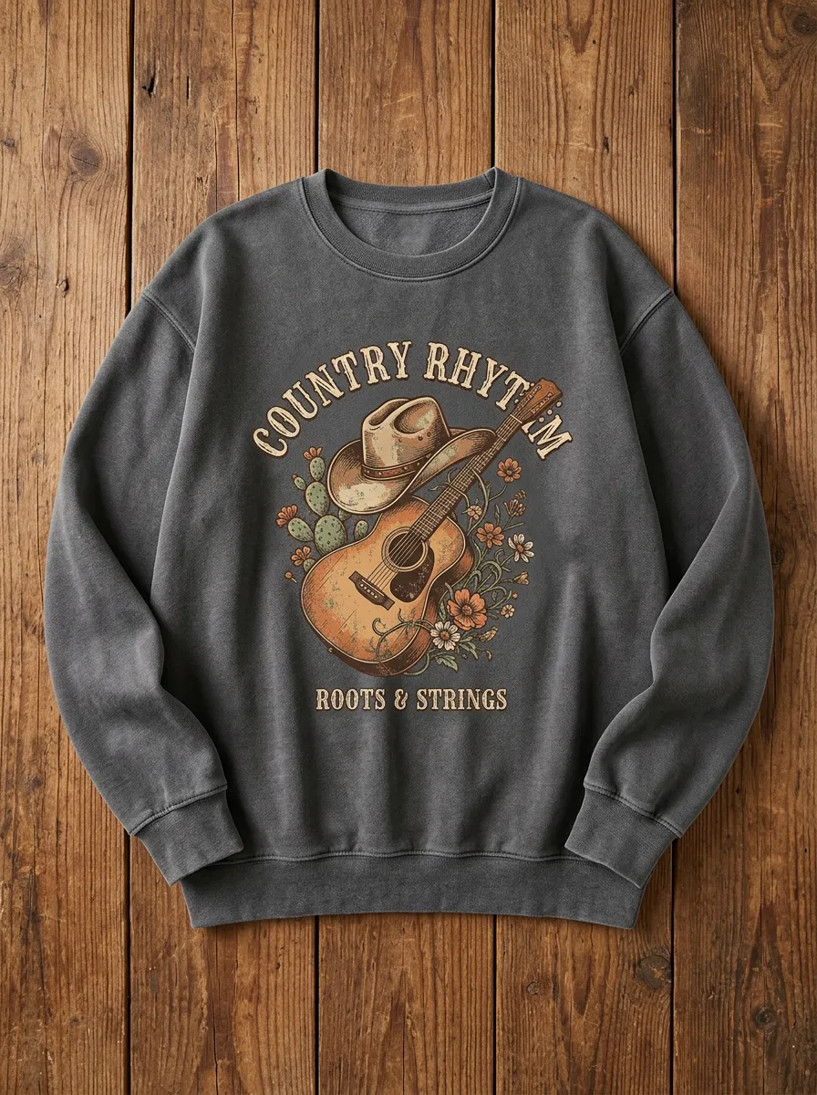Guitar Cowboy-Hat Unisex Country Music Crewneck Sweatshirt