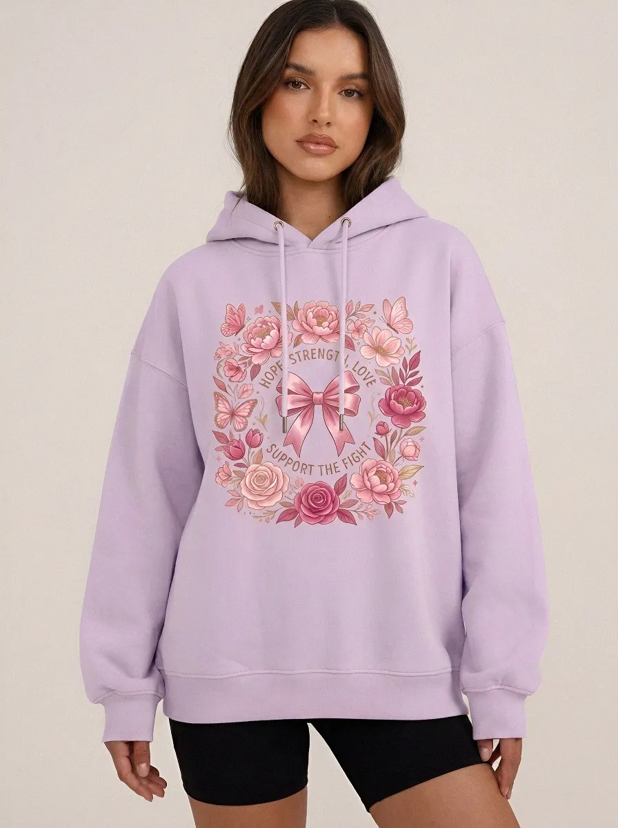 Women's Breast Cancer Awareness Floral Ribbon Printed Hoodie