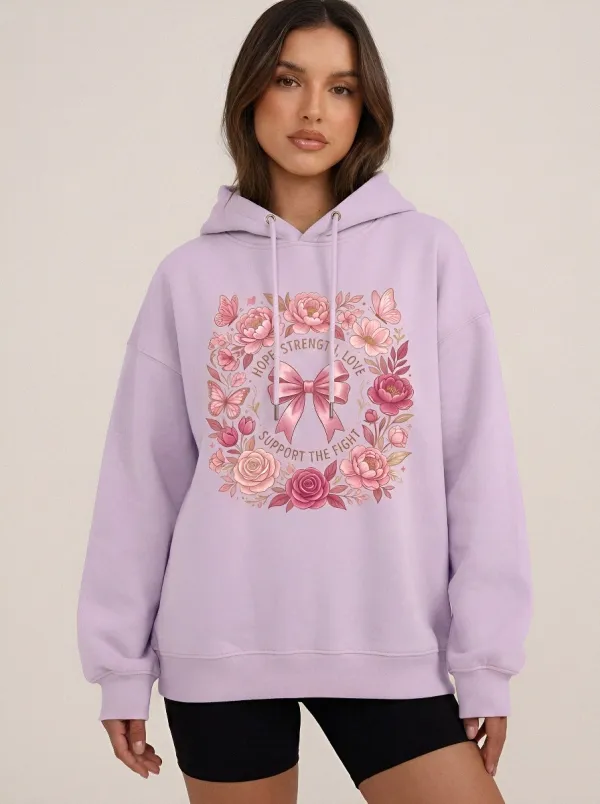 Women's Breast Cancer Awareness Floral Ribbon Printed Hoodie