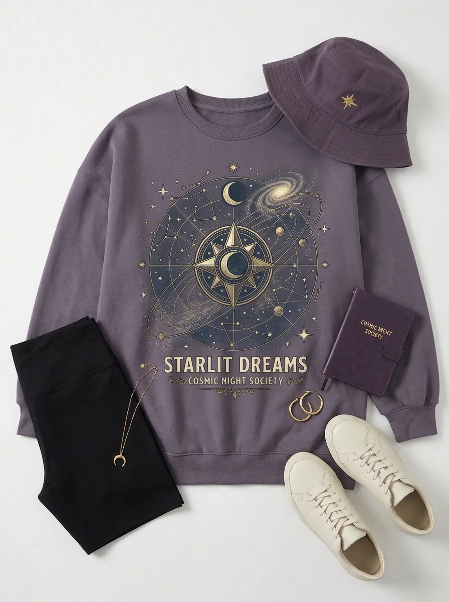 Women's Celestial Starlit Dreams Cosmic Compass Printed T-shirt