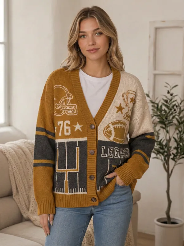 Women's Touchdown Inspired Gridiron Helmet Ball Knit Cardigan