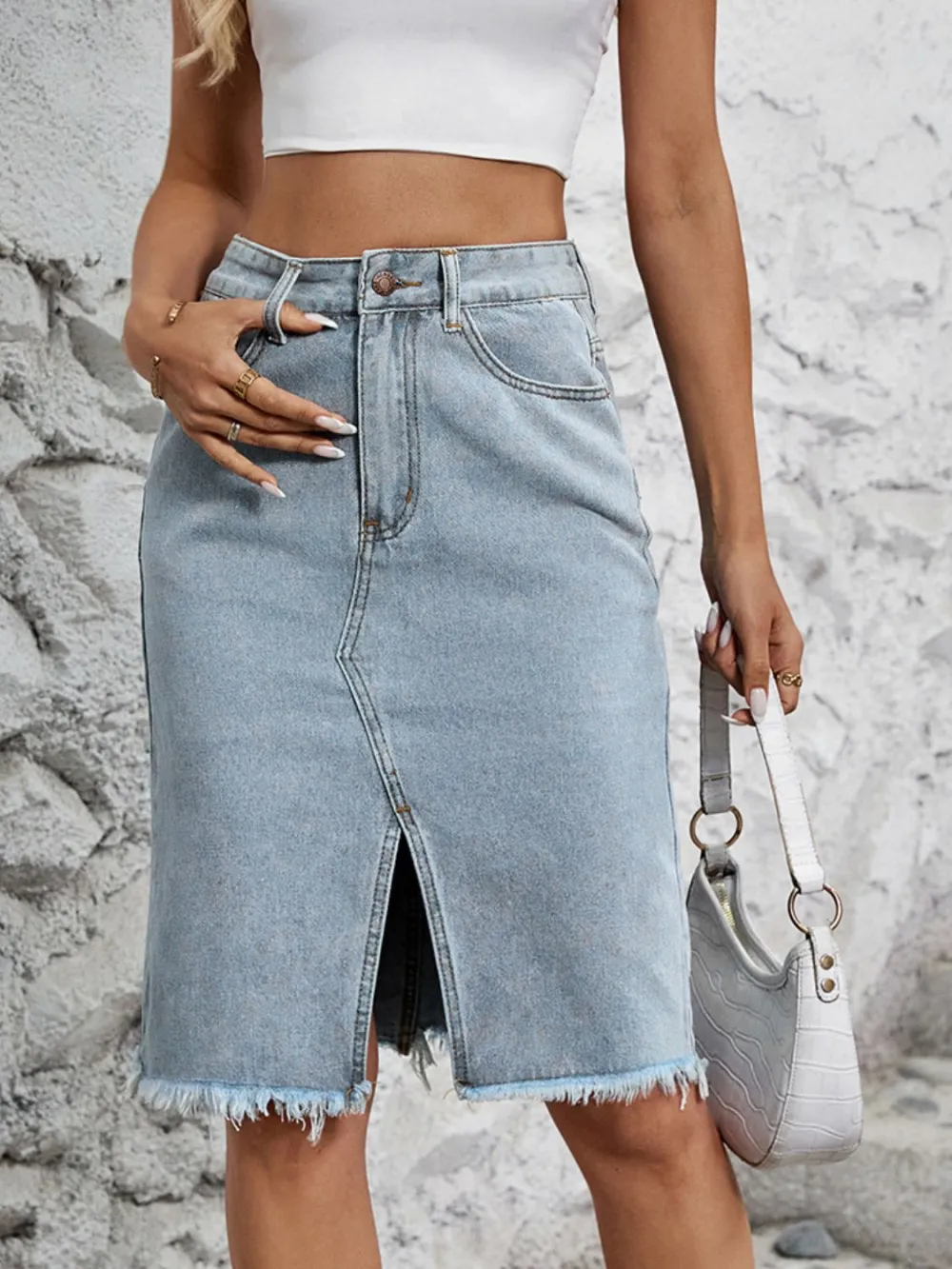 Balanced Button Front Denim Silhouette Skirt