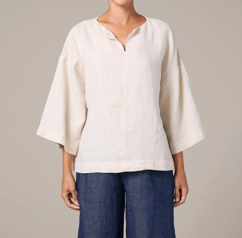 Linen V-Neck Split Neck Three-Quarter Sleeve Pullover