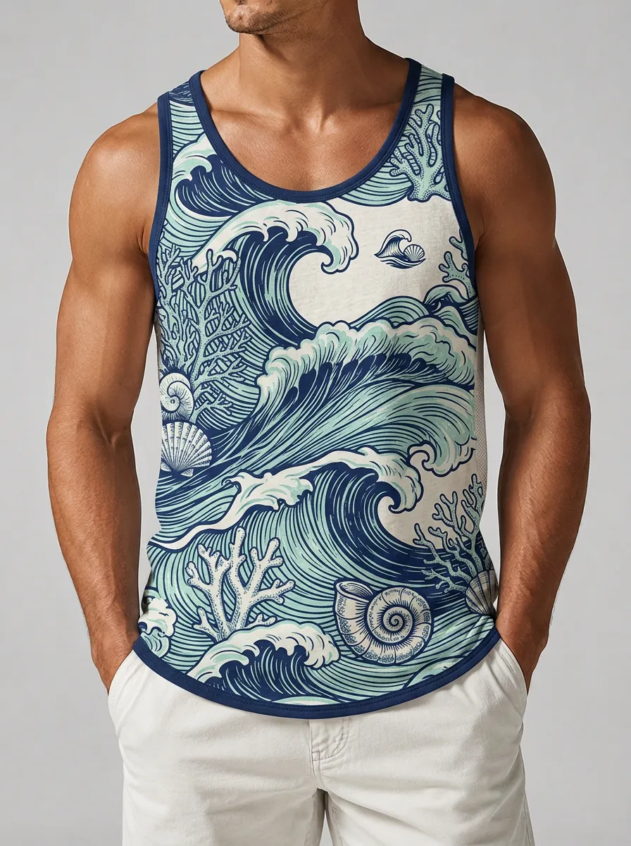 Men's Ocean Lover Coral Wave Shell Printed Tank Top