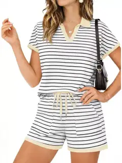 Refined Drawstring Pocketed Striped Top and Shorts Matching Set