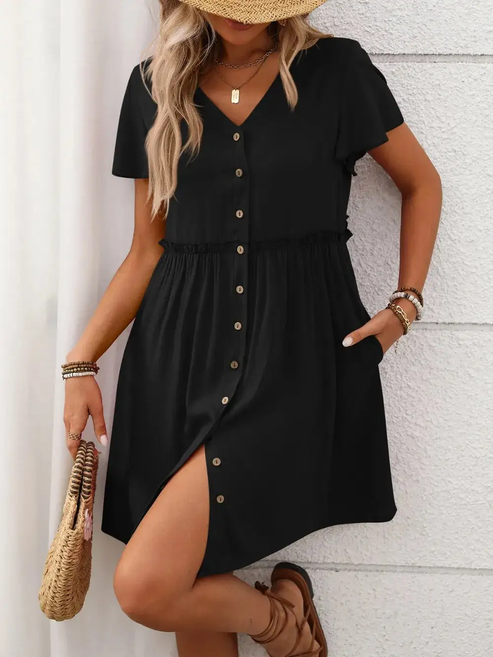 Flutter Sleeve Button Front Dress