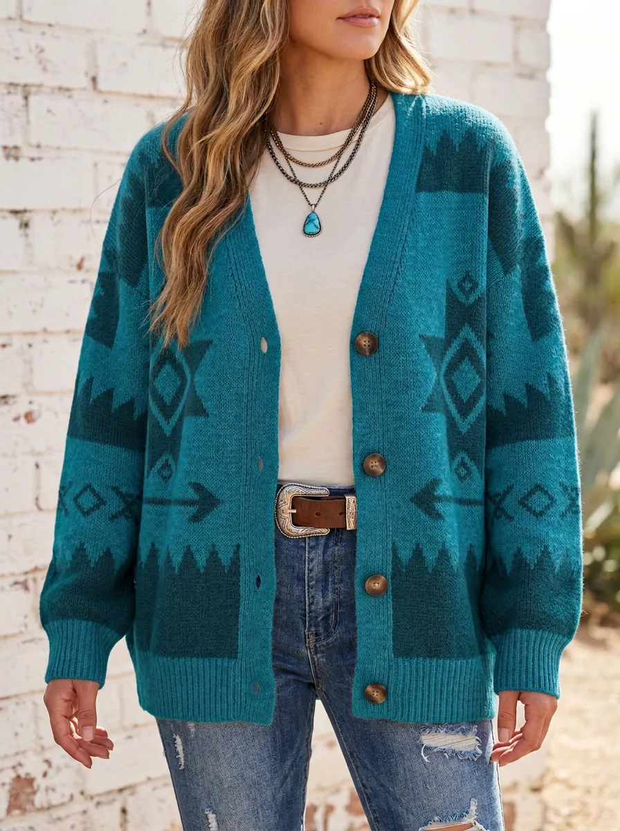 Women's Western Beige and Brown Southwestern Pattern Cardigan