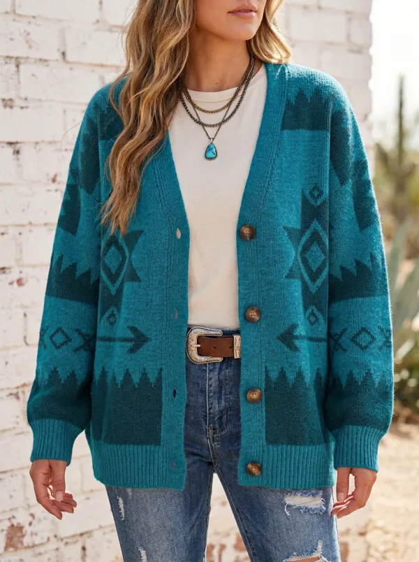 Women's Western Beige and Brown Southwestern Pattern Cardigan