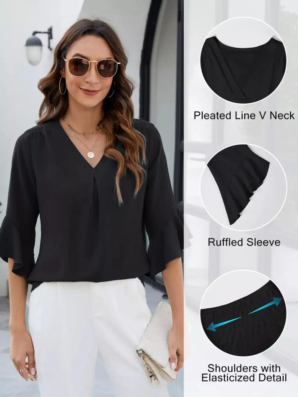 V Neck Ruffle Sleeve Blouse