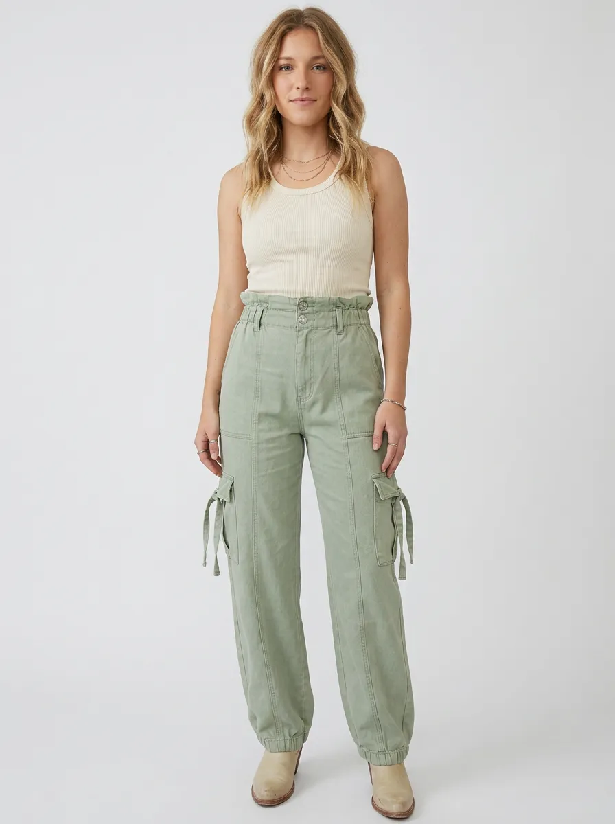 Women's Western Style Sage Green High Waisted Cargo Pants