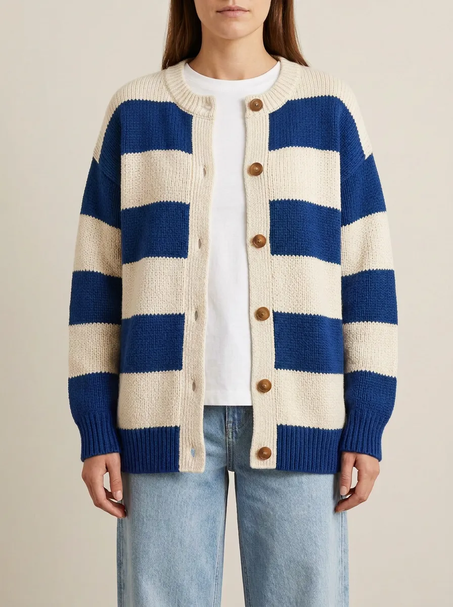 Button Front Rugby Striped Button Front Knit Cardigan