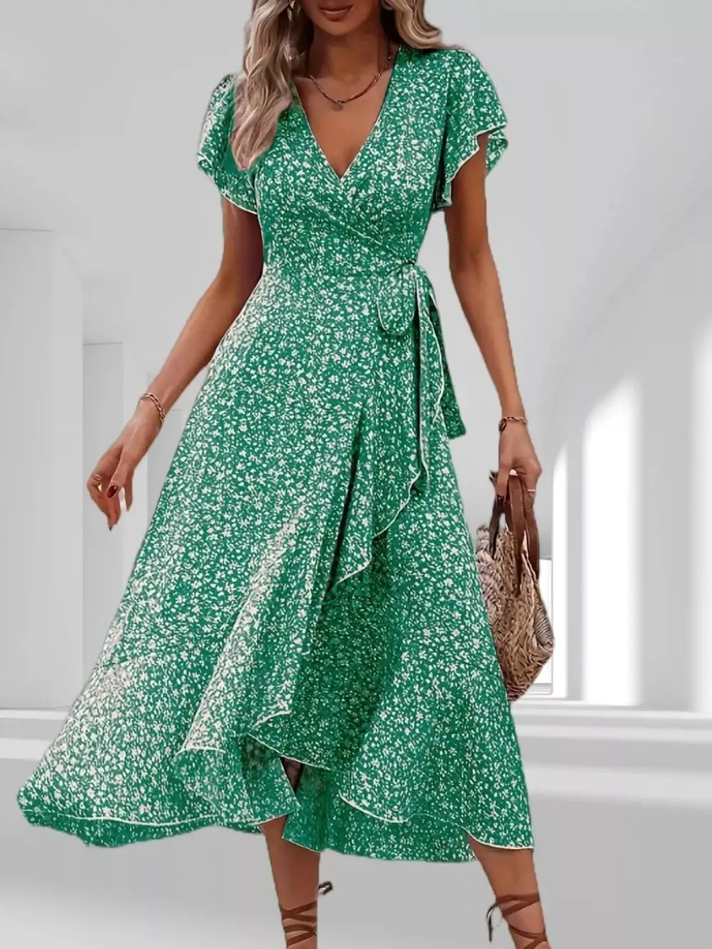 Ruffle Hem Wrap Midi Dress