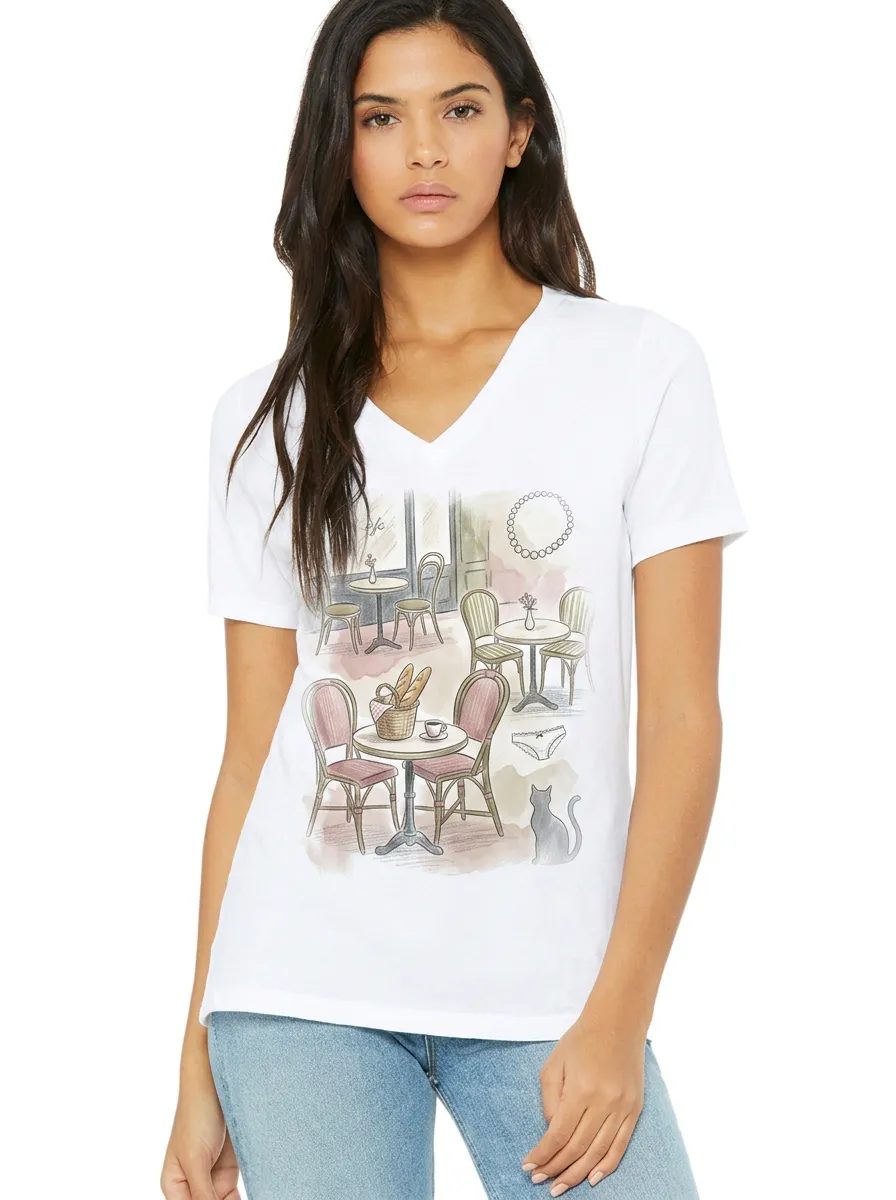 Women's Paris Cafe Cat Bread Printed V-neck T-shirt