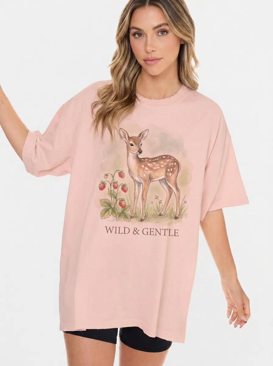 Women's Nature Lover Fawn Strawberry Wild & Gentle Printed T-shirt