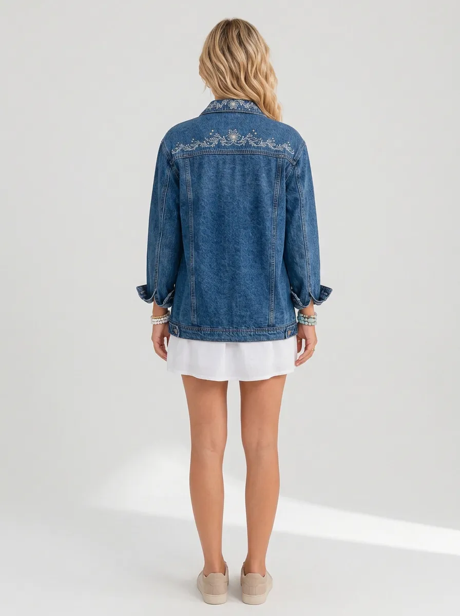 Women's Boho Style Floral Embroidery Printed Denim Jacket