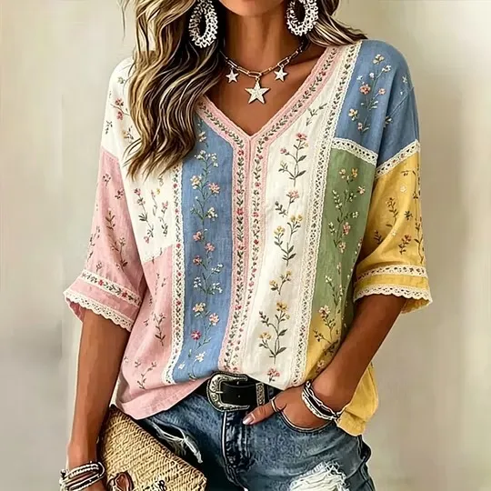 Women's Pink Floral Lace Artistic Cotton Linen Casual V-Neck Top