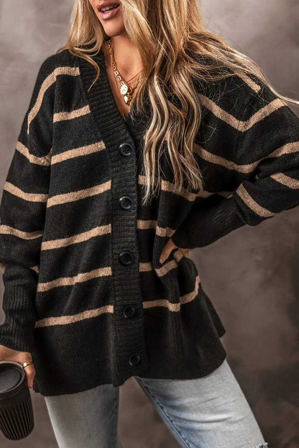 Easy Layer Striped Button Front V Neck Cardigan