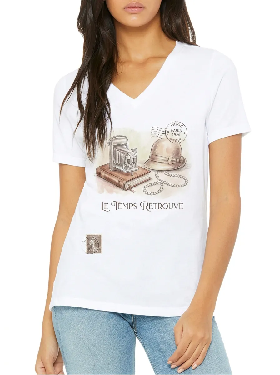 Women's Vintage Paris Camera Book Printed V-Neck T-Shirt