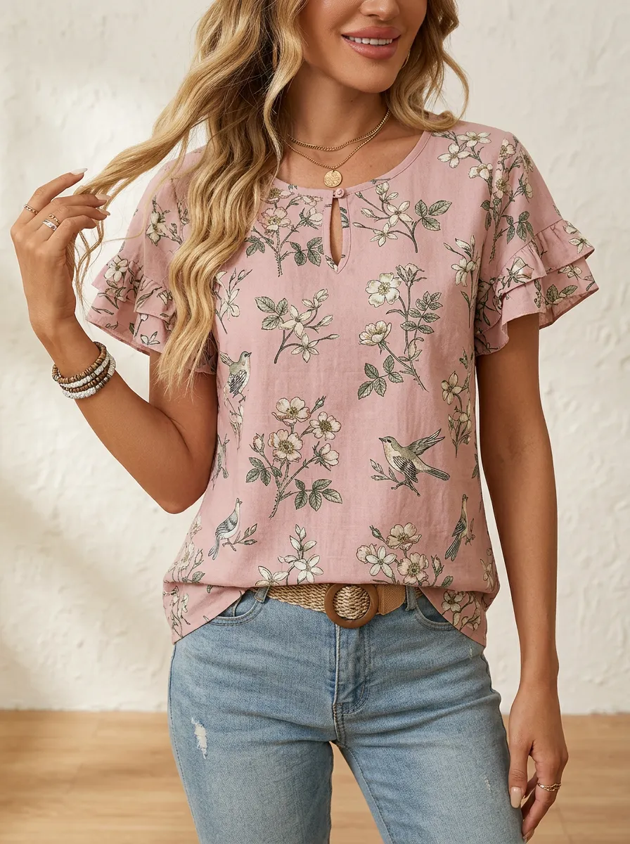 Bird Ruffle-Sleeve Ruffle Women's Loose Printed Blouse