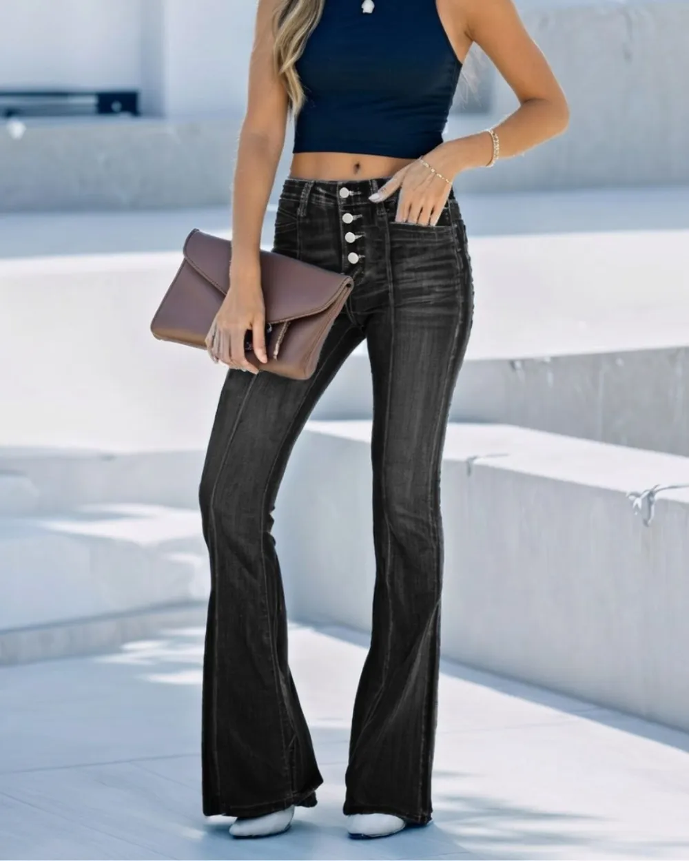 High-Waist Washed Flare Jeans