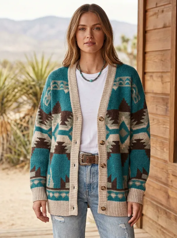 Women's Western Style Aztec Geometric Pattern Knitted Cardigan