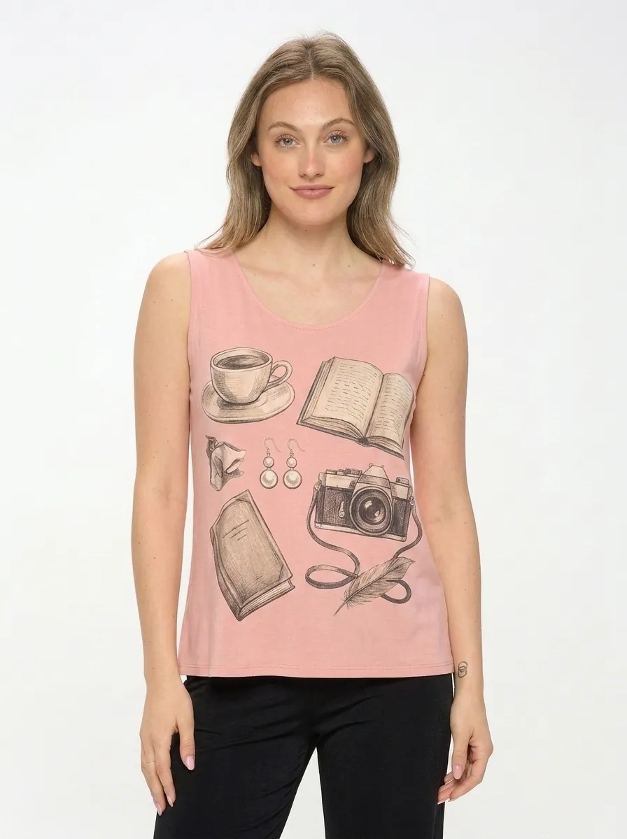 Women's Coffee Book Camera Hobbyist Printed Tank Top