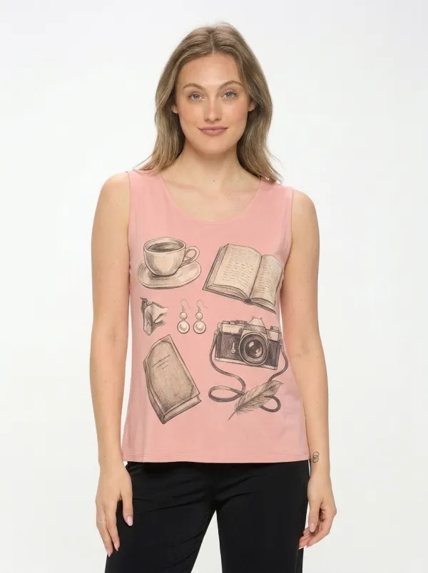 Women's Coffee Book Camera Hobbyist Printed Tank Top