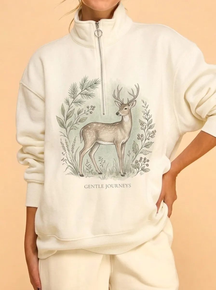 Women's Nature Lover Deer Botanical Printed Quarter Zip Sweatshirt