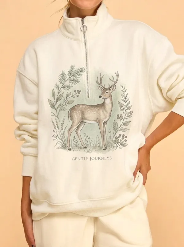 Women's Nature Lover Deer Botanical Printed Quarter Zip Sweatshirt