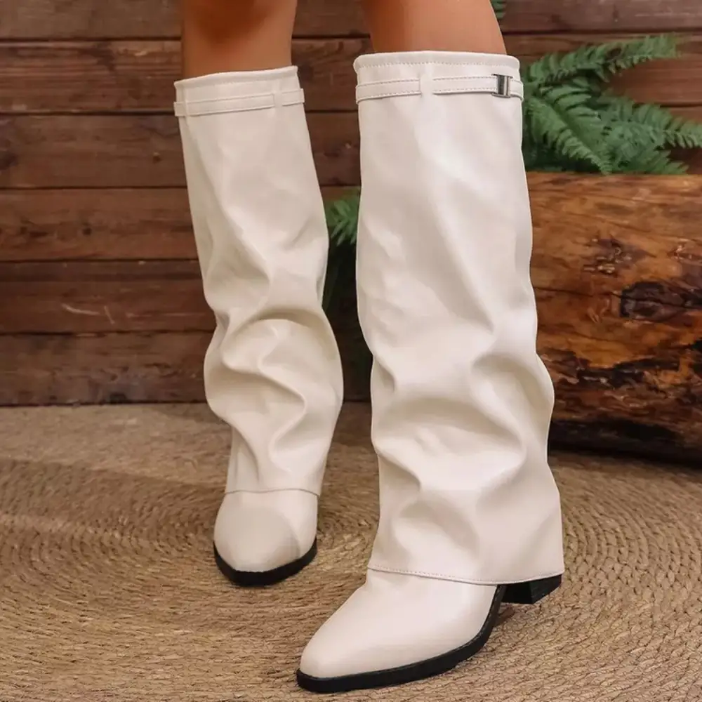 Street Everyday Point Toe Block Heels Boots