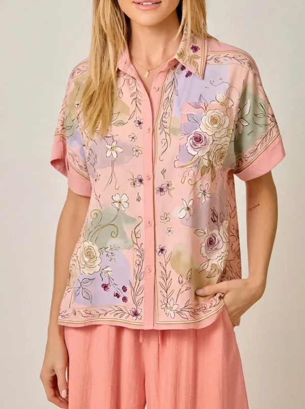 Women's Vintage Floral Watercolor Printed Button Down Shirt