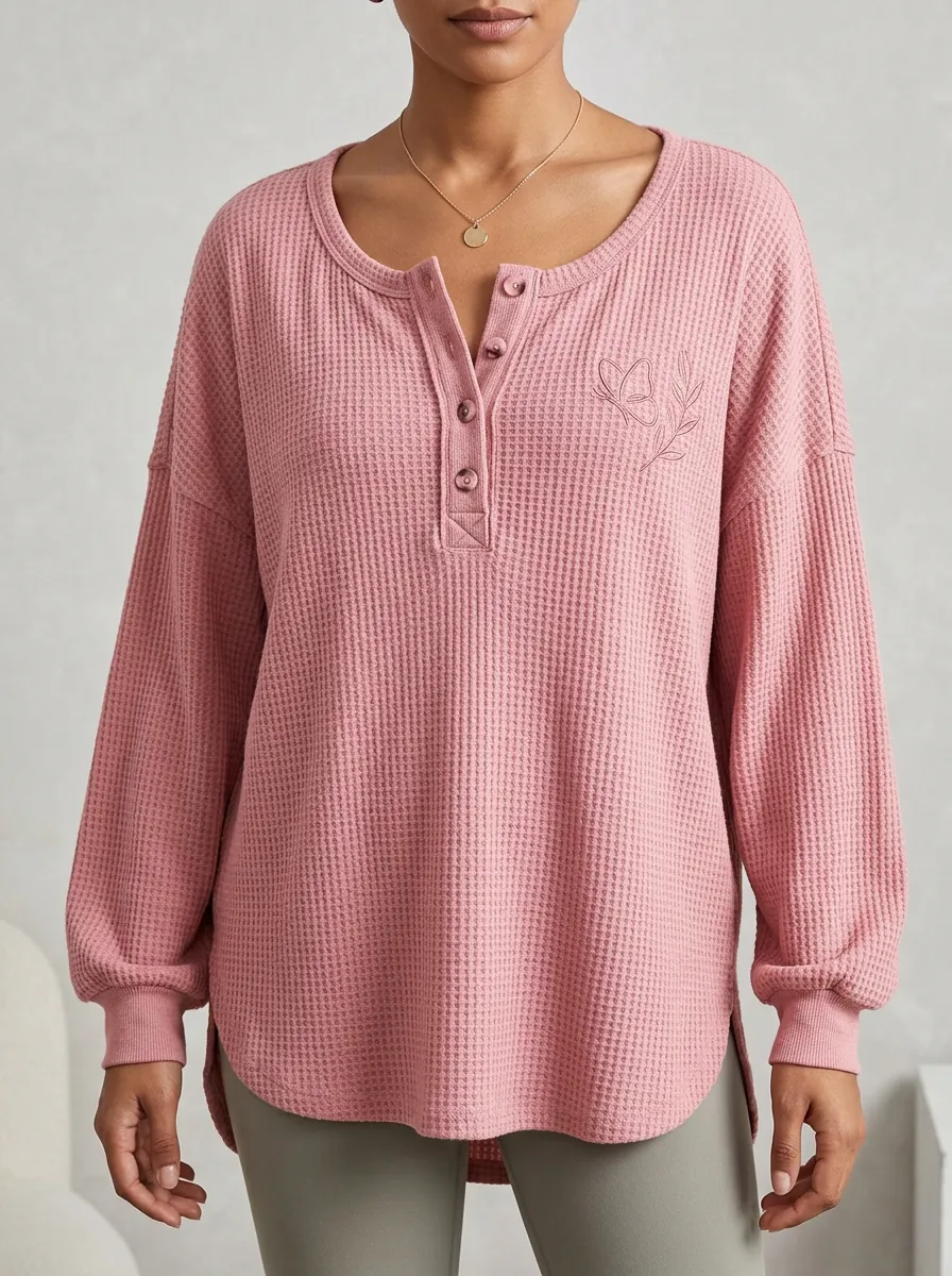 Women's Pink Butterfly Floral Embroidered Waffle Knit Henley Sweatshirt