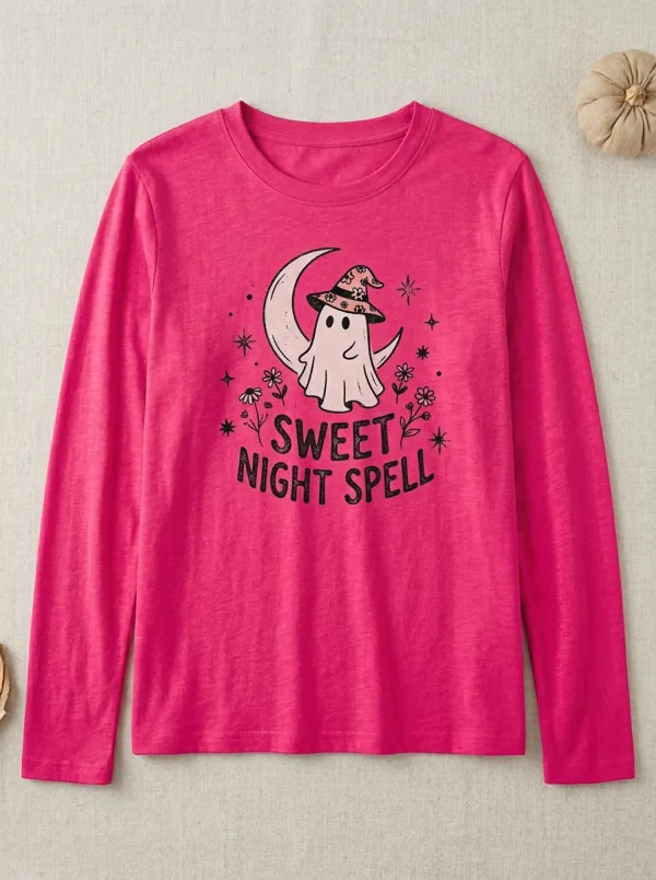 Cute-Spooky Ghost Moon Halloween Cotton Linen Long Sleeve Top
