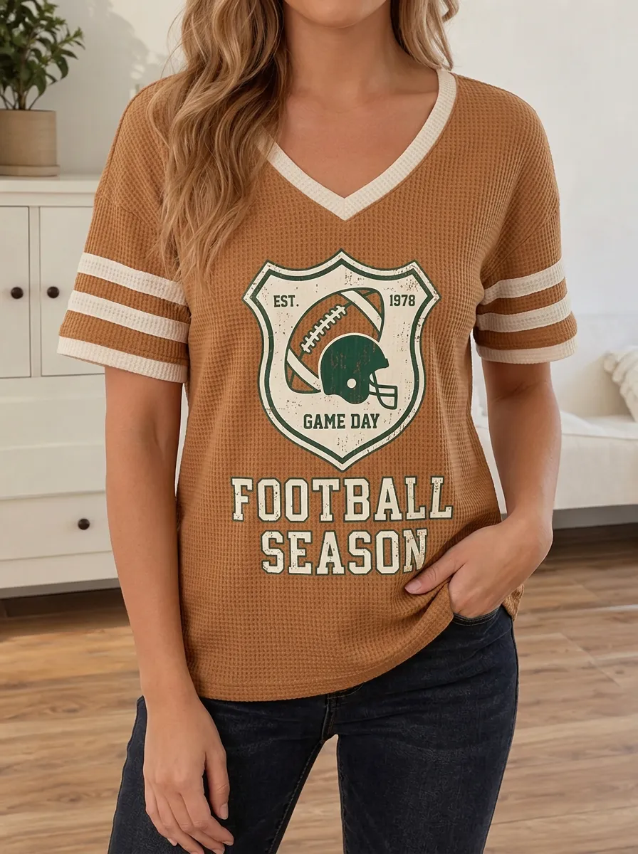 Women's Football Season Game Day Helmet Printed Waffle Top