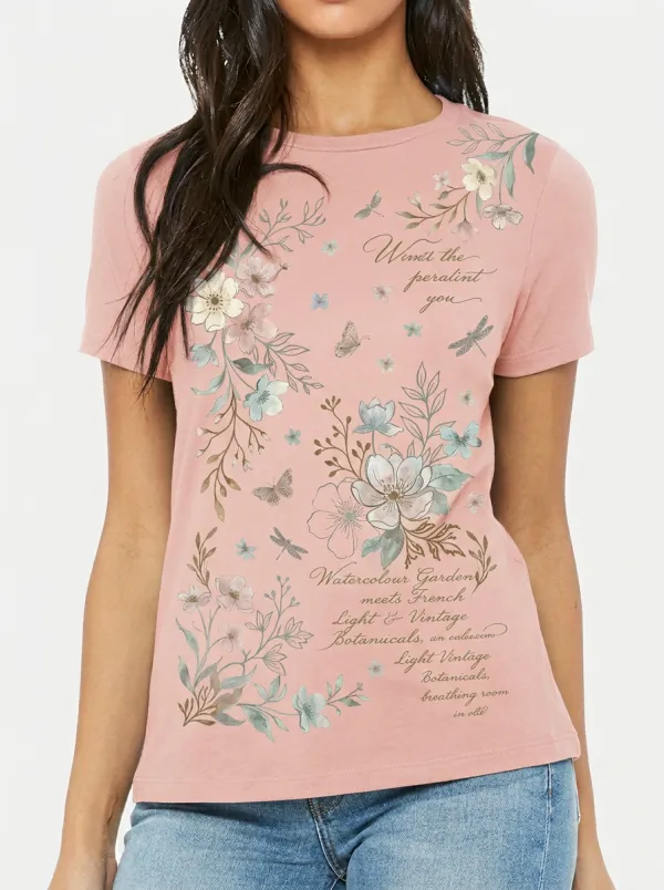 Women's Botanical Garden Butterfly Watercolor Printed T-shirt