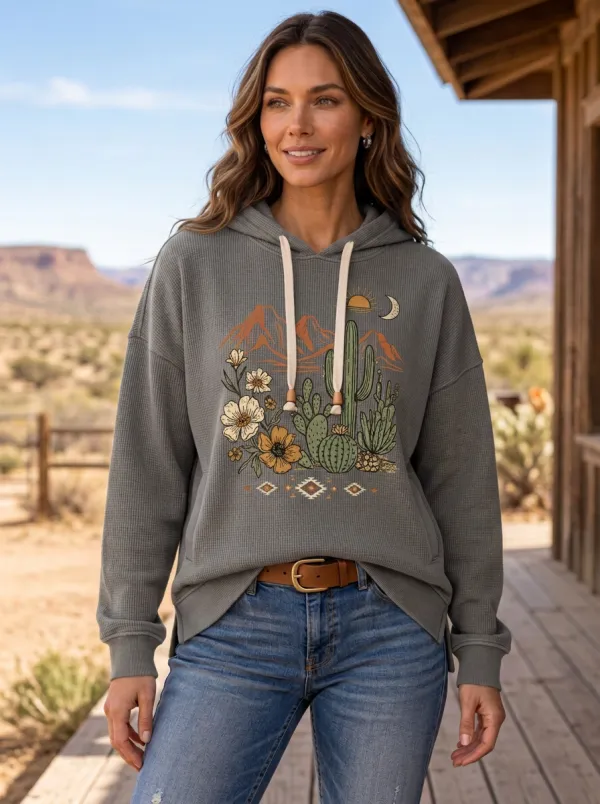 Women's Western Desert Cactus Floral Mountain Printed Hoodie