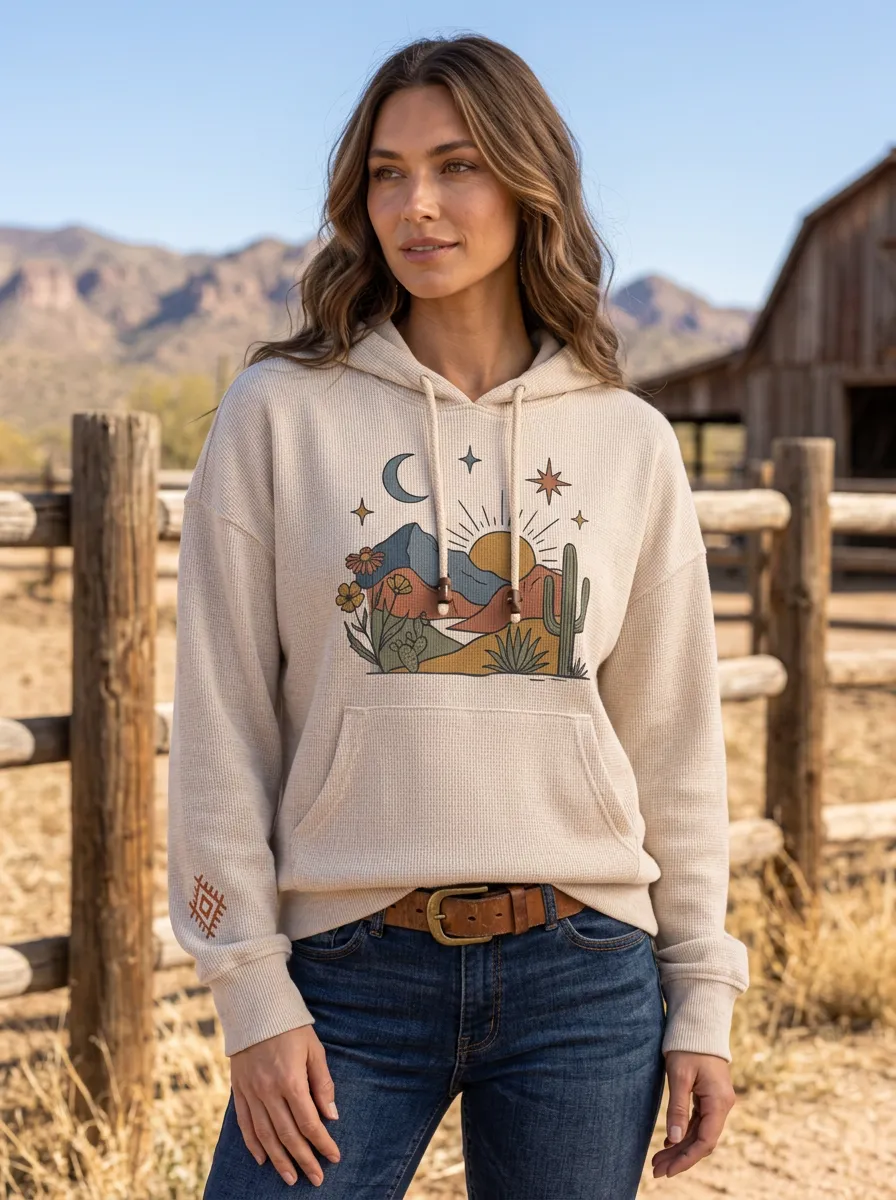 Women's Western Desert Boho Cactus Mountain Printed Hoodie