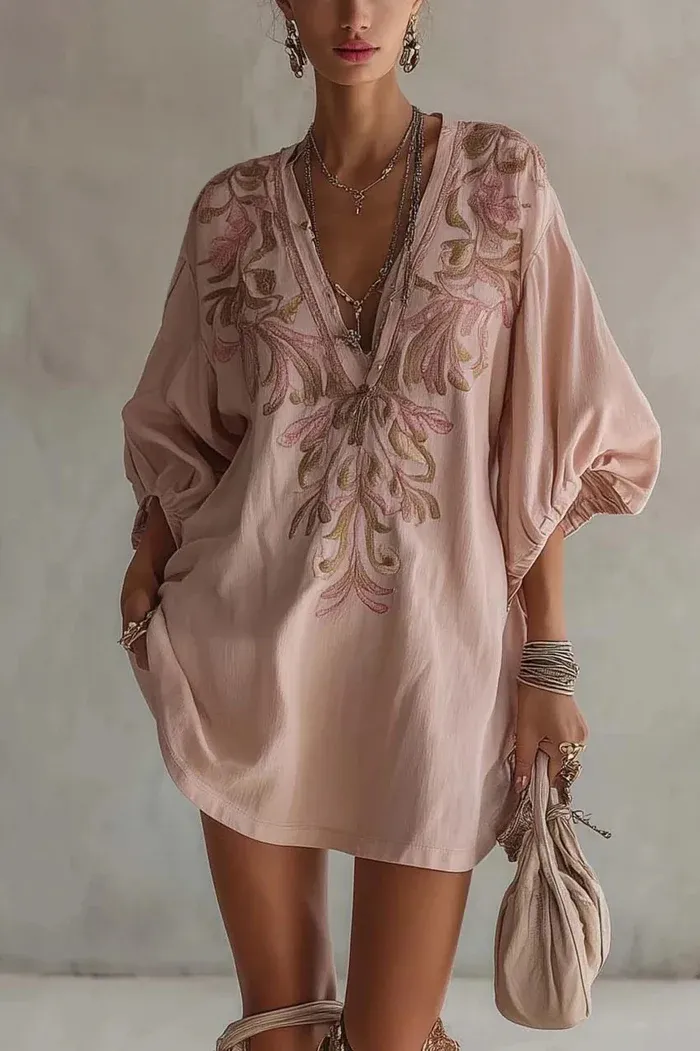 Minimalist Linen Blend Embroidered Short-sleeved Shirt Maxi Dress