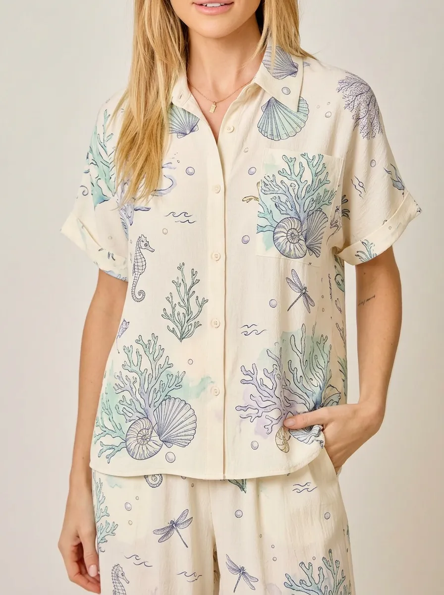 Women's Beach Ocean Lover Seashell Coral Seahorse Printed Shirt