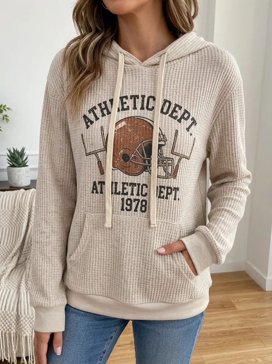 Women's Football Lover Athletic Dept Helmet Printed Waffle Hoodie