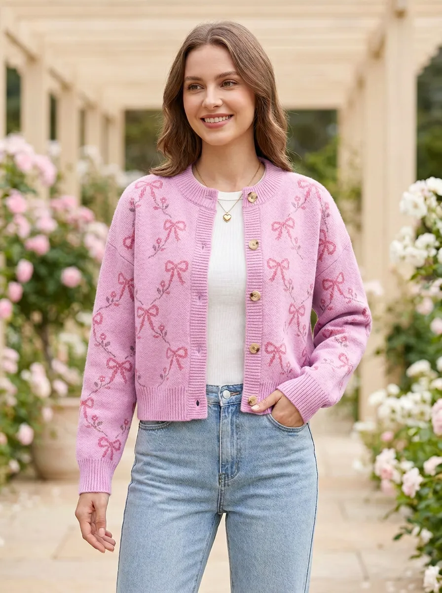 Women's Whimsical Floral Coquette Ribbon Bow Printed Cardigan