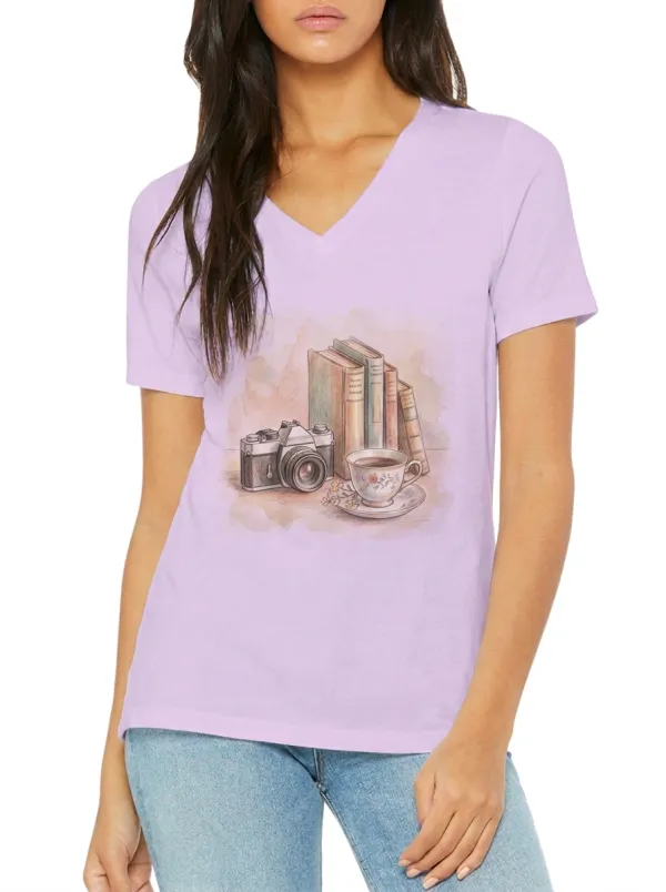 Women's Book Camera Coffee Lover Watercolor Printed V-Neck T-Shirt